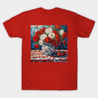 Red and White Ranunculus Flowers in a Geometrically Patterned Vase Modern Still Life Painting T-Shirt